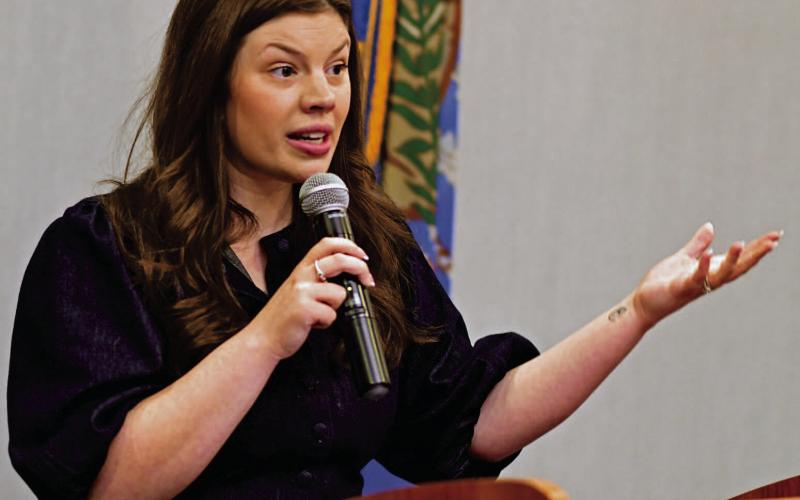 Taylor Nelson, chief communications officer for the Oklahoman Tourism and Recreation Department, speaks during the Lawton Fort Sill Chamber of Commerce’s State of Tourism Luncheon last Monday at the Apache Casino Hotel. Stephen Robertson | Southwest Ledger
