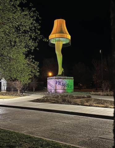 Curtis W. Awbrey | Southwest Ledger The 40-foot iconic leg lamp that has stirred quite the controversy over the past few years sets high atop a 10-foot-tall crate at the eastern end of Chickasha Avenue in “Old Town” Chickasha on March 16.