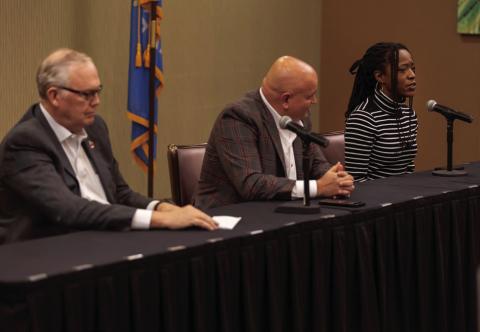 Panelists David Stringer, JJ Francais and Sharicka Brackens speak at Lawton-Fort Sill Chamber of Commerce’s State of Media and Communications Luncheon. Hugh Scott Jr. | Southwest Ledger