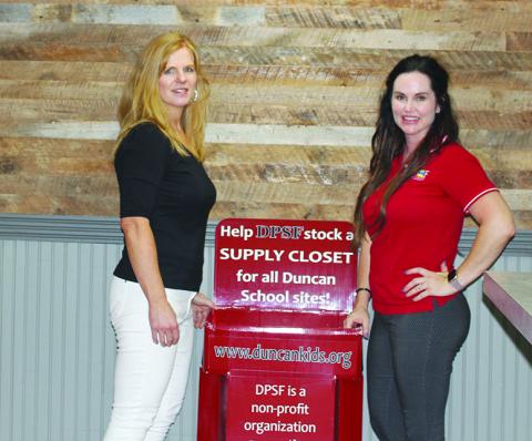 Southwest Ledger photo by Curtis Awbrey, Duncan Public School Foundation’s Billie Strutton - Board Vice Chair/ Fundraising Committee Chair and Executive Director Haylee Root stop by Jonny’s at Oak Tree to check donation drop-offs for the 2019-2020 school year. Many parent-provided school supplies will run out by Christmas break, so the Foundation made donating easier for the community.