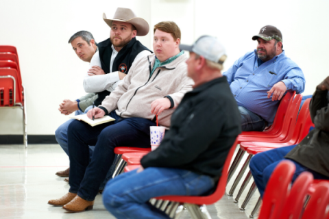 Southwest Ledger photo by Chris Martin              Among those listening to the USDA’s Jeff Davis answer a question during a recent meeting in Elgin are, front row, from left, state Sen. Chris Kidd of Addington; state Rep. Trey Caldwell of Lawton; Scott Chance, field representative for Oklahoma Con- gressman Tom Cole; and John Magness, an Elgin farmer/rancher and school teacher; and in the second row, Robert Payne of the USDA’s Farm Service Agency.