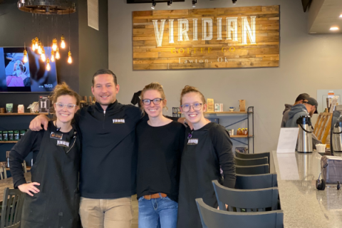 Southwest Ledger photo by Curtis Awbrey                     To brighten a bleak morning, Viridian Coffee crew members at the Second Street location in Lawton serve fresh specialty drinks to guests during their commute on Thursday, Oct. 24. From left are Whitney Britton, Shay Hayes, Heather Wheeler and Trinity Martin.