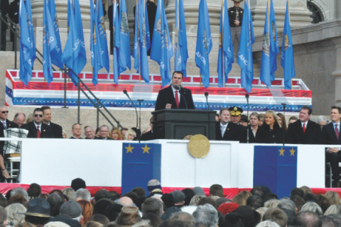 Governor Kevin Stitt delivering a speech shortly after he was sworn in last January as Oklahoma’s 28th Governor.