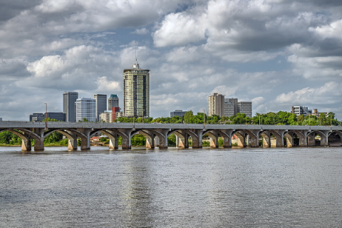 The skyline of Tulsa is seen behind the Arkansas River.