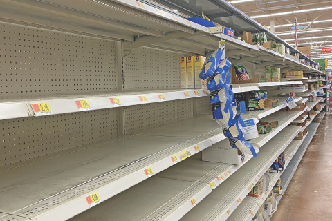 Ledger photo by JJ Francais           Shelves of an area WalMart remain empty despite new store hours to accommodate cleaning and stocking.