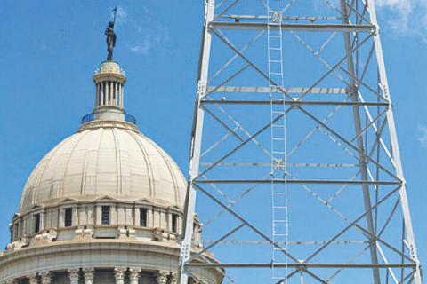 Oil derrick Petunia Number One sits on the south grounds of the Oklahoma State Capitol. 