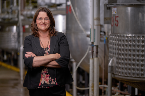 Photo by Chris Martin Cosmetic Specialty Labs President and CEO Jennifer Ellis expected her facility to soon produce at least 2,500 gallons of hand sanitizer daily.  