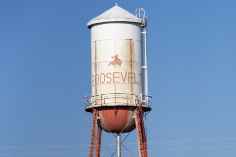 Photo by Chris Martin The “Bronco” water tower in downtown Roosevelt in Kiowa County.