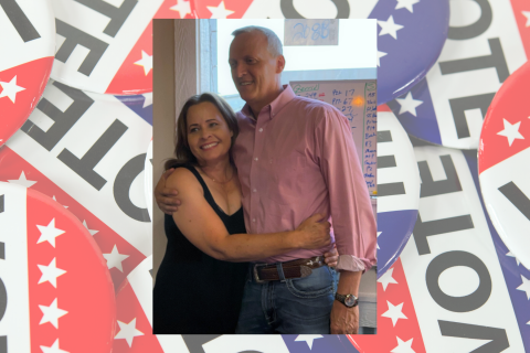 Ledger photo by Curtis Awbrey    Altus CPA Gerrid Kendrix, R-Altus, hugs his wife, Cynthia, after winning the state House District 52 race Tuesday night.