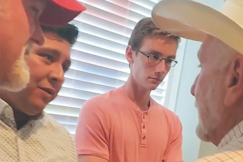 YouTube/Free the States This frame from a cellphone video posted on YouTube by the organization Free the States shows State Sen. Larry Boggs, R-Wilburton, right, exchange words with Daniel Navejas of the Ekklesia of Oklahoma, pointing, following a Haskell County GOP meeting July 14.
