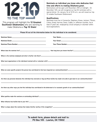 12:10 to the Top Nomination Form 