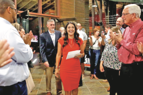 Stephanie Bice arrives to applause at an Oklahoma City watch party after winning the Republican 5th Congressional District runoff election in August.