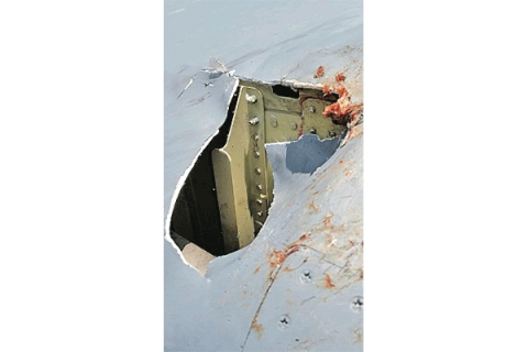 Altus Air Force Base photo A bird and an airplane colliding in mid-air can have serious consequences, as shown in the aftermath of a bird strike with this U.S. Air Force plane.