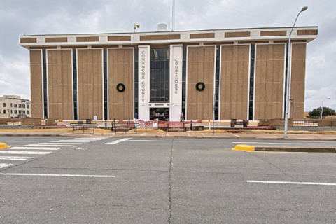 edger photo by Curtis Awbrey            The empty parking lot in front of the Comanche County Courthouse in Lawton.
