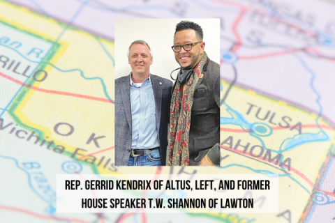Ledger photo by Kyletta Ray                   Newly elected state Rep. Gerrid Kendrix of Altus, left, and former House Speaker T.W. Shannon of Lawton attended the Redistricting Town Hall meeting in Lawton Monday night.