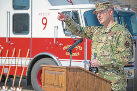 U.S. Air Force photo by Airman 1st Class Amanda Lovelace Col. Matthew Leard, 97th Air Mobility Wing commander, speaks during the Fire Rescue Center ground breaking ceremony at Altus Air Force Base, Oklahoma, Jan. 26. Once complete, the new station will house firefighting equipment and crews, a central fire alarm system, a 24-hour crew, and a colocated emergency communication center for security forces and the fire department.