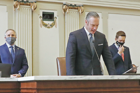 Legislative Service Bureau Photography House Speaker Charles McCall, center, speaks to members of the Oklahoma Legislature before Gov. Kevin Stitt's State of the State address Monday at the Oklahoma Capitol in Oklahoma City.