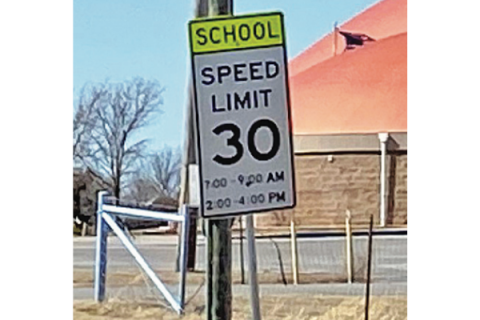 Ledger photo by Curtis Awbrey           This outdated school zone crossing sign on SH-281A near the school in Geronimo is one of two that will be replaced with new signs, flashing beacons and pavement marking improvements.