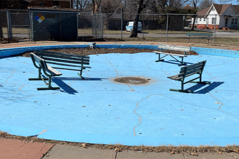 The wading pool in 35th Division Park will lose its entire volume of 7,500 gallons of treated water in a 24-hour day because of leaks and is not ADA compliant. Repairing the facility would cost an estimated $120,000,   Ledger photo by Curtis Awbrey