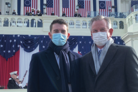 Tommy Tuberville via Twitter Sen. Tommy Tuberville, R-Ala. shows the senator, right, standing with one of his two sons at the Presidential inauguration.
