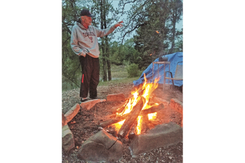 LEDGER PHOTOS BY ANDREW W. GRIFFIN A fire blazes in a firepit outside the River Bird Lodging property in Tuskahoma.