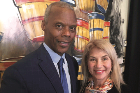 PHOTOS BY PATRICK B. McGUIGAN From left, former U.S. Representative J.C. Watts and Sue Ann Arnall, founder and president of the Arnall Family Foundation. The pair joined with dozens of other Oklahoma City leaders to “Ignite Change” at the 2021 fundraising luncheon for The Education and Employment Ministry (TEEM). 