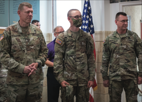 Among those in attendance were MG Kamper, left; Command Sgt. Maj. Stephen Burnley, right; and Trainee Aiden Sellers, 17, currently the youngest Soldier in Training at the post. Fort Sill was founded in 1869 and trains more that 18,000 Soldiers each year. (The Fiscal Year 2020 number was 18,418.) 