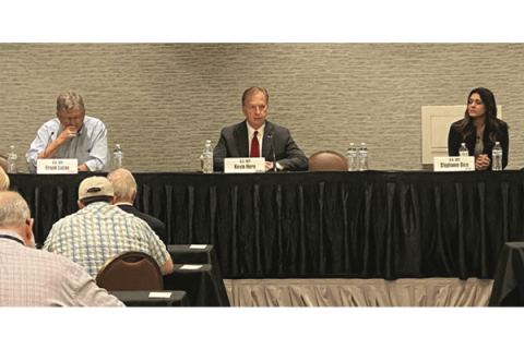 LEDGER PHOTO BY CURTIS AWBREY U.S. Rep. Kevin Hern, center, answers a question while U.S. Reps. Frank Lucas, left, and Stephanie Bice look on at the Oklahoma Press Association Convention  June 12 in Oklahoma City.