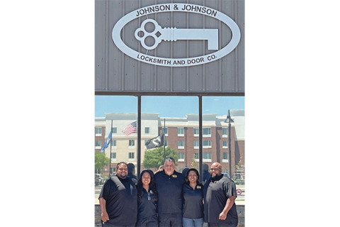 PHOTO COURTESY CHEARLENE JOHNSON Standing in front of Johnson & Johnson Locksmith and Door Co. in Lawton are, from left, Anthony J. Johnson, son; Aiyana Basa-Johnson, granddaughter; Anthony J. Johnson, owner-operator; Chearlene Glover-Johnson, wife, CEO and  “Nana”; and Aundre’ J. Johnson, son.