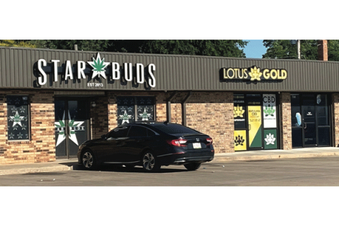 Ledger Photo by Curtis Awbrey: Two of the 16 licensed dispensaries in Chickasha are shown side by side at a shopping center