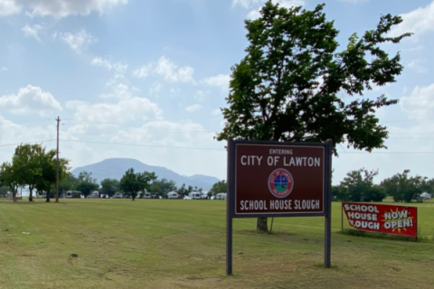LEDGER PHOTO BY CURTIS AWBREY Mt. Scott is seen behind the entrance to the City of Lawton’s School House Slough.
