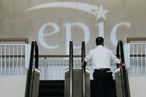 BEN FELDER, THE FRONTIER Escalators up to Epic charter school’s offices in the 50 Penn tower in Oklahoma City.