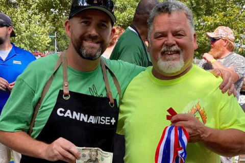 Bryan Alston with Canna Wise and Gene Jones Smokin’ J BBQ had a little side bet over brisket. PHOTOS PROVIDED