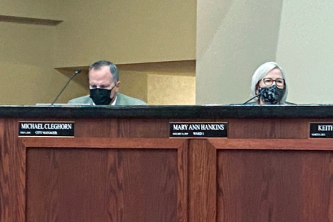 LEDGER PHOTO BY ERIC SWANSON Lawton City Manager Michael Cleghorn, left, and Councilwoman Mary Ann Hankins listen to a presentation about the  American Rescue Plan Act during the Aug. 10 Lawton City Council meeting.