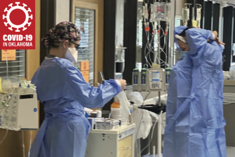 Nurses don gowns and gloves inside Comanche County Memorial Hospital in Lawton. CCMH Photo