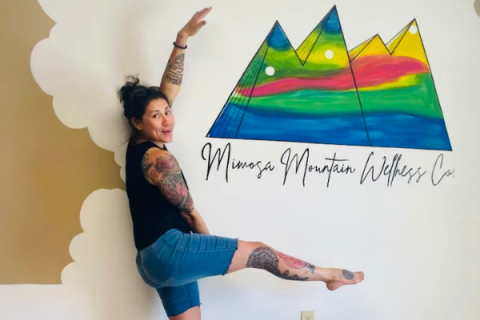Mimosa Mountain Wellness owner Ashley Morrison poses in front of the company logo.  Ledger photo by Tim Farley
