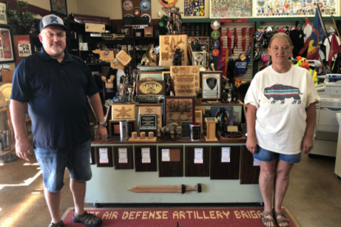 Scott Henderson and his wife Linda stand in the lobby of FROG Printing and Awards Center in Lawton.  Southwest Ledger Photo By Tim Farley