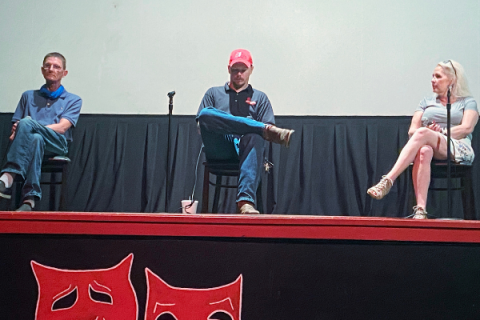 From the left, Mark Malone, Justin Hackney and Shelli Fox field questions during a candidates forum Tuesday at the Vaska Theatre in Lawton. The three candidates, along with Kelly Harris and Richard Strickland, are competing for the Ward 2 seat on the Lawton City Council.