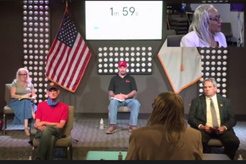 In this image taken from a Zoom feed, candidates for the Ward 2 seat on the Lawton City Council participate in a forum Friday night in Lawton. Front row, from left, are Mark Malone and Kelly Harris. Back row are Shelli Fox and Justin Hackney. Moderator V. Gay McGahee is shown in the set at upper right. Image Provided. 