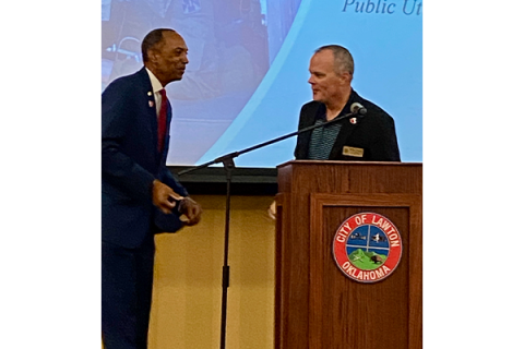 From the left: Albert Johnson Jr. greets Lawton City Manager Michael Cleghorn during a Veterans Day breakfast Nov. 11 at Lawton City Hall. A veteran of the U.S. Army, Johnson was the speaker at the city's first-ever celebration of its employees who are veterans. Eric Swanson/Ledger photo