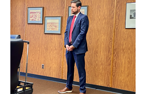 Attorney David Floyd addresses the Board of Comanche County Commissioners Monday at the Comanche County Courthouse. Floyd's law firm is advising the county on appropriate ways to spend the county's share of American Rescue Plan Act dollars.