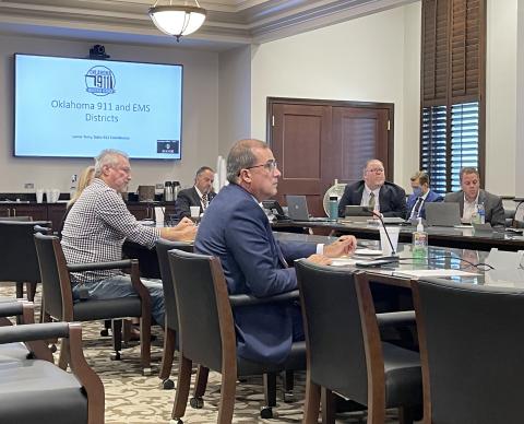 Oklahoma State 911 Coordinator Lance Terry discusses the state's antiquated 911 system during a recent report on an interim study of gaps in rural 911 coverage across the state.  Ledger photo by JJ Francais