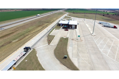 This drone photo shows the Kay County port of entry a mile south of the Kansas/Oklahoma state line.  Photo courtesy of Oklahoma Corporation Commission