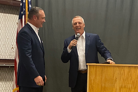 From the left, Oklahoma House Speaker Charles McCall speaks with state Rep. Gerrid Kendrix during a fundraiser for Kendrix Dec. 2 at the Jackson County Expo Center in Altus. Kendrix, who represents the 52nd District, is seeking a second term in office. Eric Swanson/Ledger photo