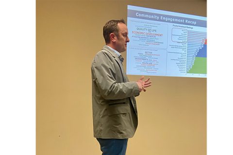 Nate Clair, director of planning and landscape architecture for Halff Associates, leads a discussion of a draft version of Lawton's master plan for parks Wednesday at the Owens Multipurpose Center. The plan gives city officials a framework for improving Lawton's parks, recreation programs, trails and open space. Eric Swanson/Ledger photo