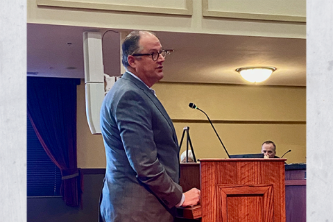 John Shiver, principal architect with Stantec Architecture, presents a conceptual design for Lawton’s indoor sports complex to the Lawton City Council at City Hall Tuesday. The council approved the conceptual design, clearing the way for the city to move forward with the project.  Eric Swanson/Ledger photo