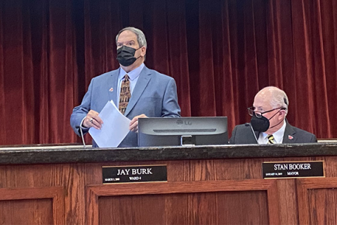 Ward 2 Councilmember Kelly Harris, left, and May Stan Booker listen during a Lawton City Council meeting. The council put off addressing a request for additional funds that will help FISTA cover the cost of renovating the Sears building. ERIC SWANSON|LEDGER PHOTO