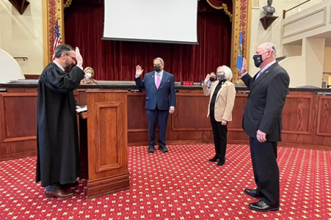 From left, Municipal Judge Nathan Johnson swears in Ward 2 Councilmember Kelly Harris, Ward 1 Councilmember Mary Ann Hankins and Mayor Stan Booker. Hankins and Booker were sworn in for their second terms, while Harris was sworn in for his first term. Kaley Patterson Dorsey/City of Lawton