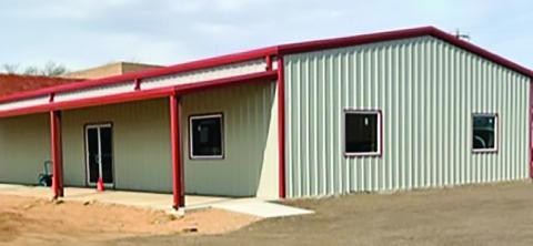A new senior citizens meal center in Hollis is nearing completion. The building has been erected, but the interior was incomplete, and the parking area was unpaved as of Feb. 21.  LEDGER PHOTO by DAVID B. HALE