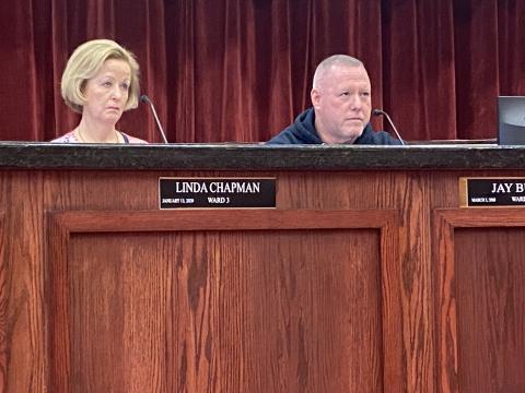 From the left, Lawton City Council members Linda Chapman and Jay Burk listen to a discussion March 22 at City Hall. The council voted to end a professional services agreement with Stantec Architecture Inc., which prepared the conceptual design for the city’s youth sports complex.  Eric Swanson/Ledger photo